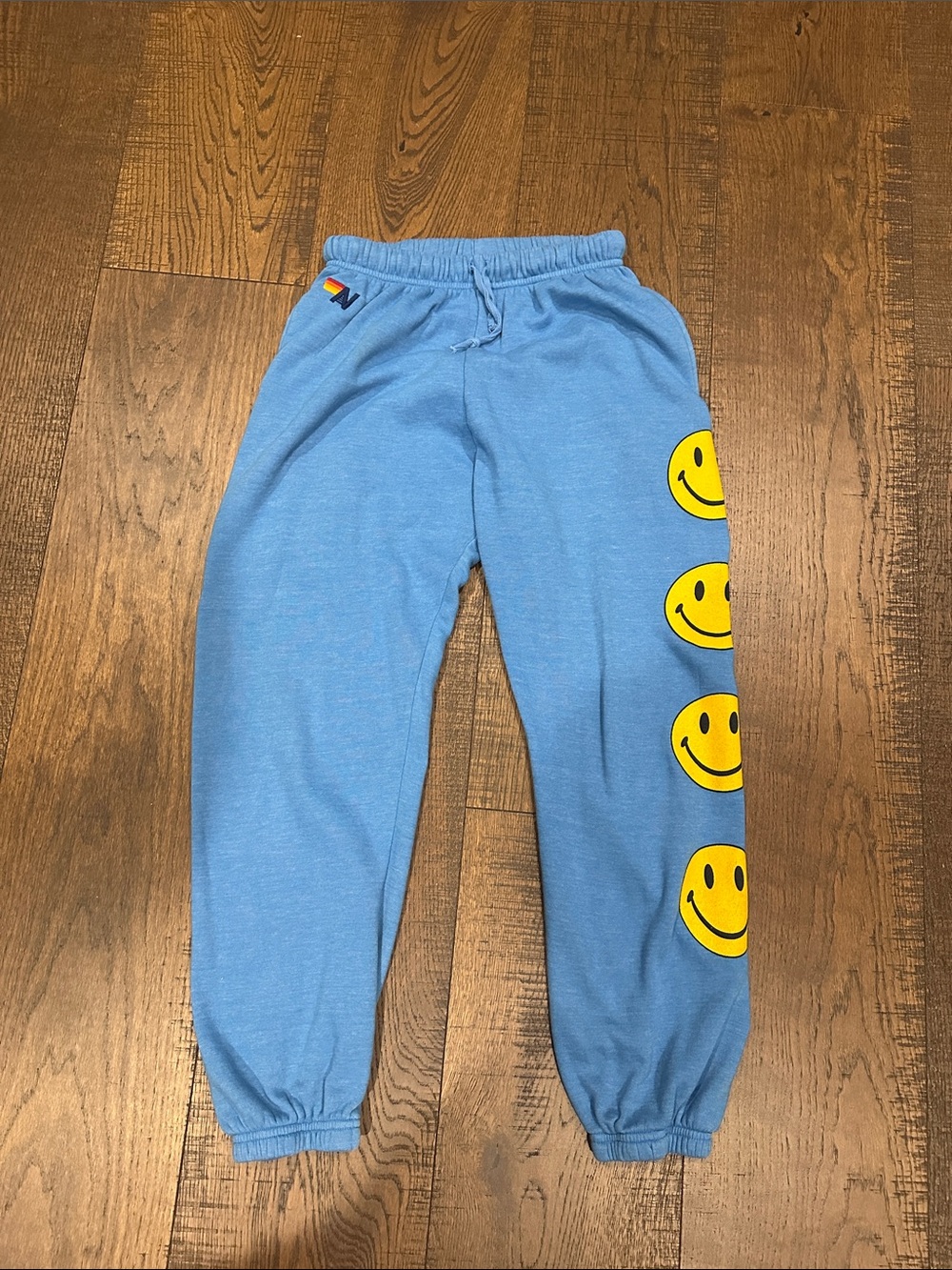 Aviator Nation Light Blue Joggers with Yellow Smiley Faces- Small